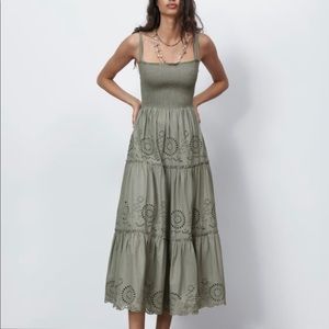 Zara Openwork Embroidered Dress Khaki size S